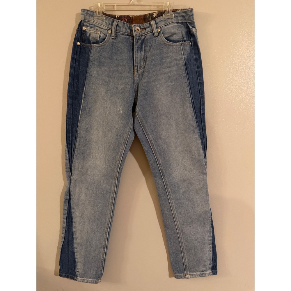 Pol Premium Denim Two Tone Side Panel Straight Leg Jeans Light Wash Women S